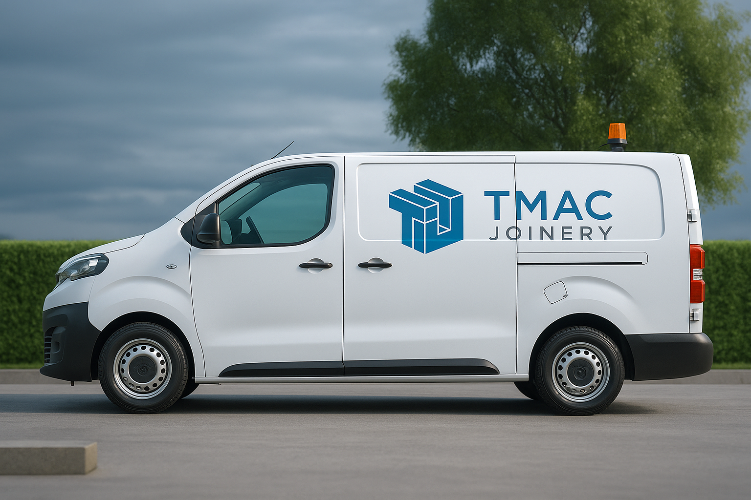 White cargo van with company logo 'TMAC Joinery' on side, parked on the street with greenery and a tree in the background, under a cloudy sky.