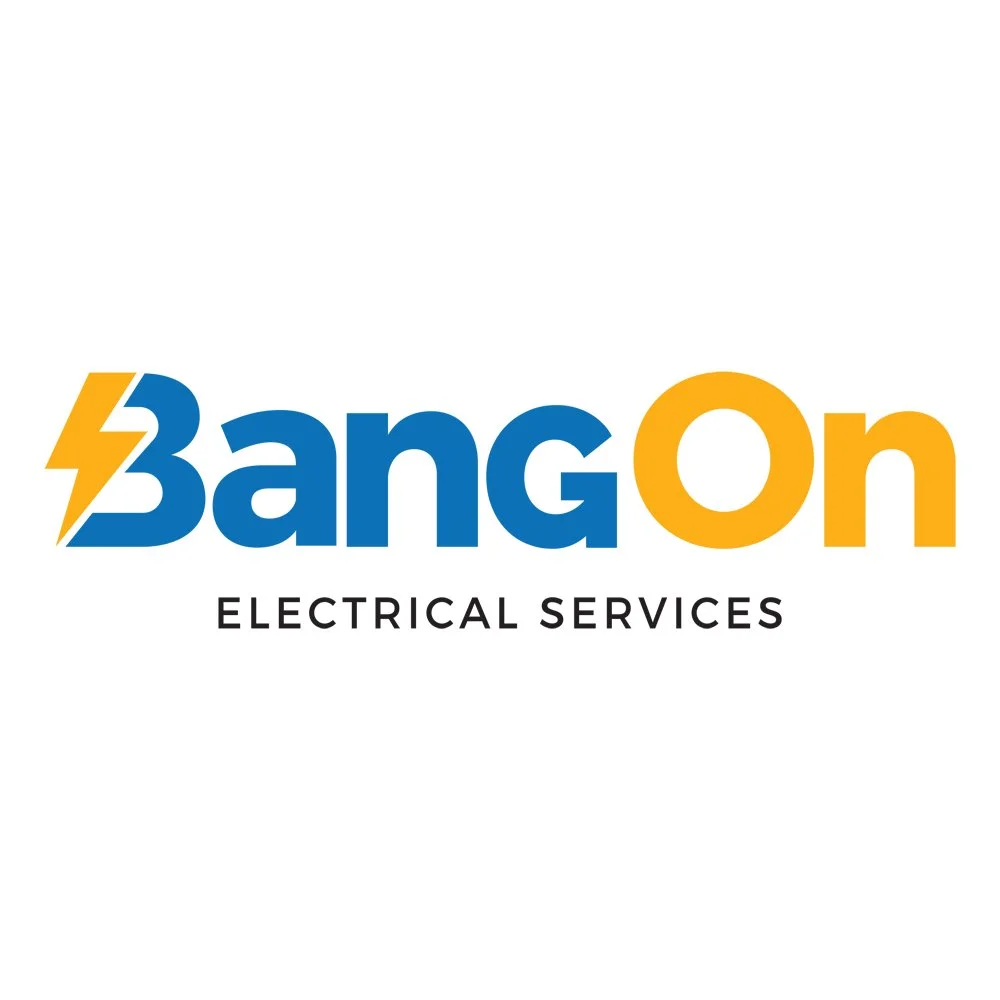 Logo for BangOn Electrical Services with a lightning bolt symbol and bold blue and orange text.