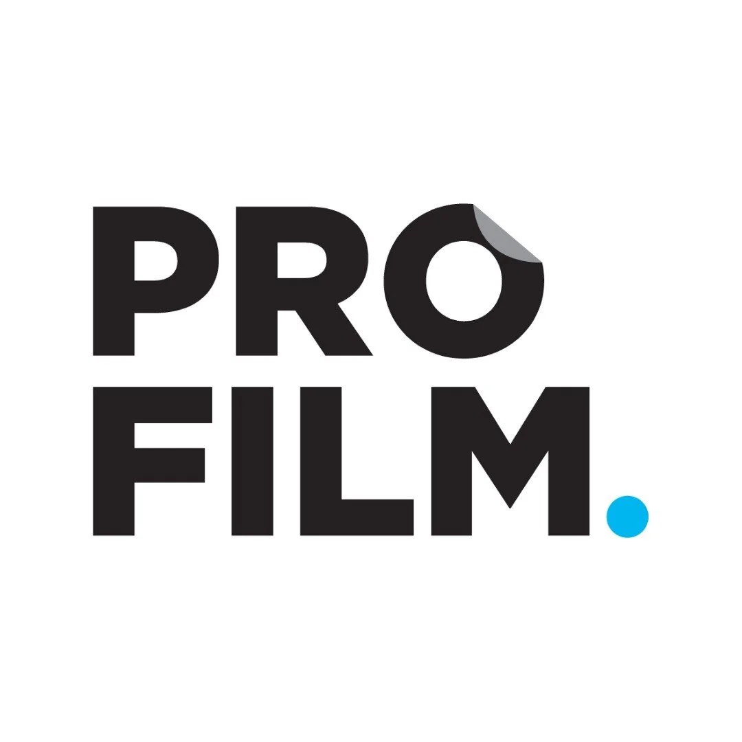 Logo of PRO Film with a peeled corner on the letter O and a blue dot at the end.