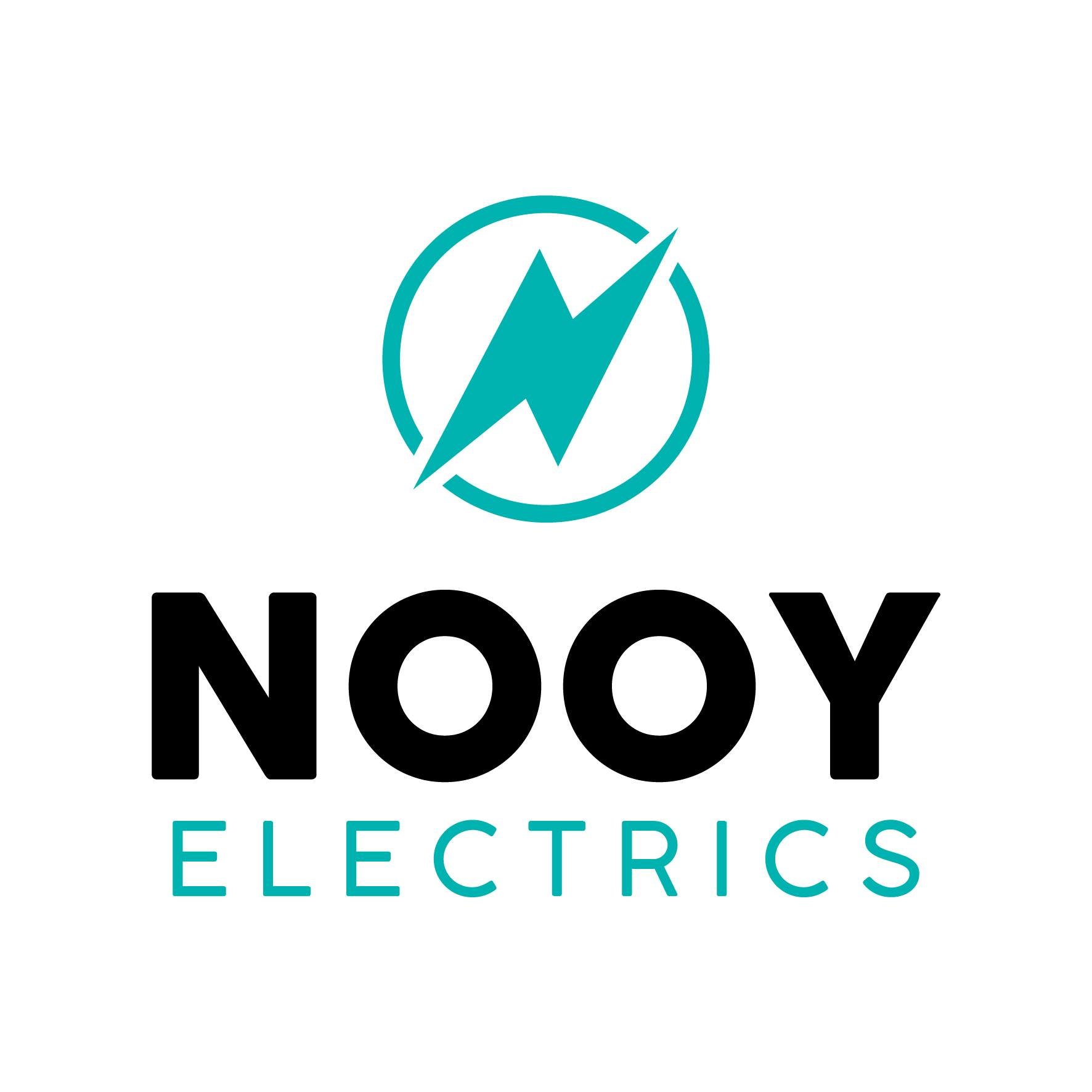 Logo for NOOY ELECTRICS featuring a teal circle with a stylized lightning bolt inside and the company name below in black and teal text.