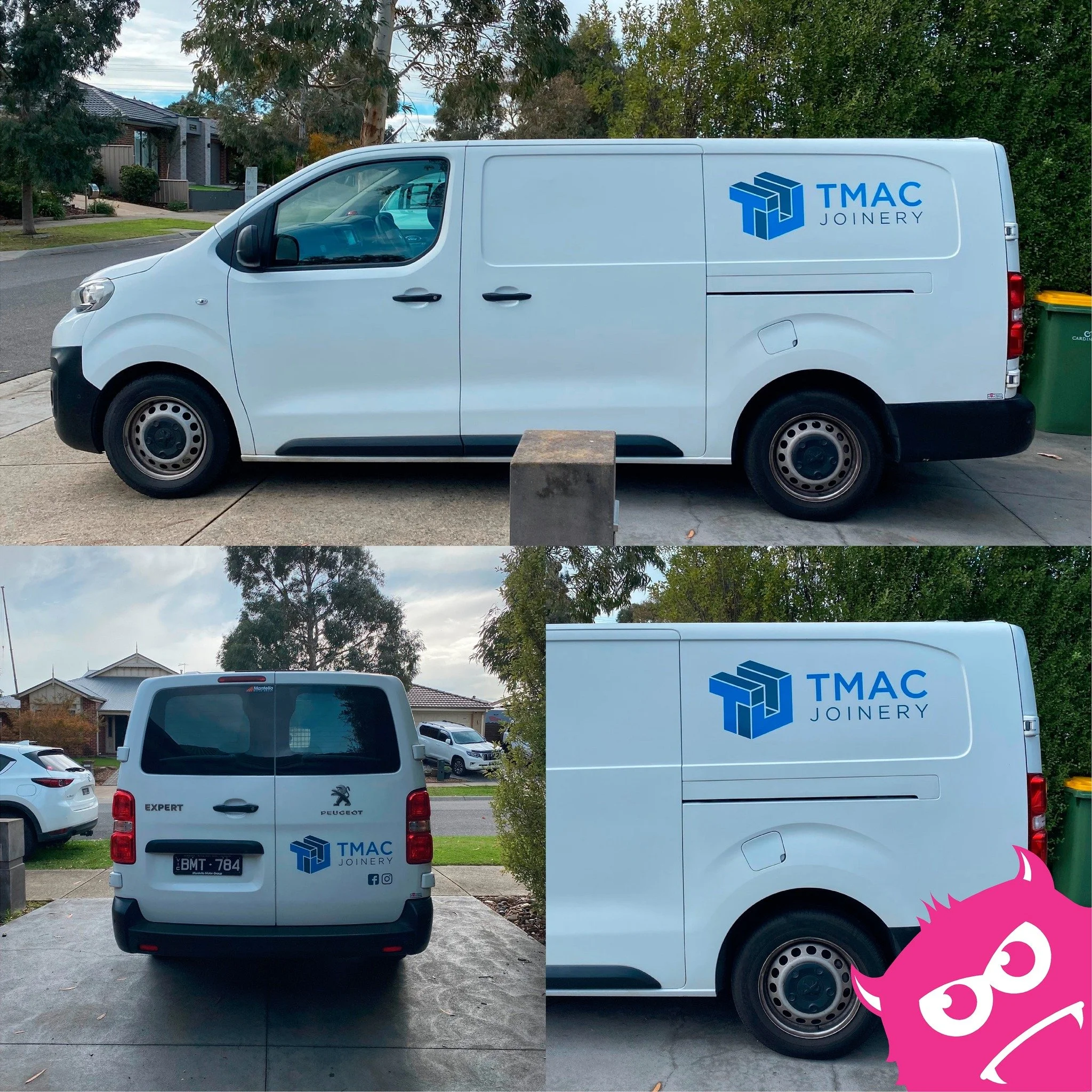 White delivery van with TMAC Joinery logo parked on the street, rear view of the van showing license plate 'RMT 784', and the Van's side view showing the logo and black details.