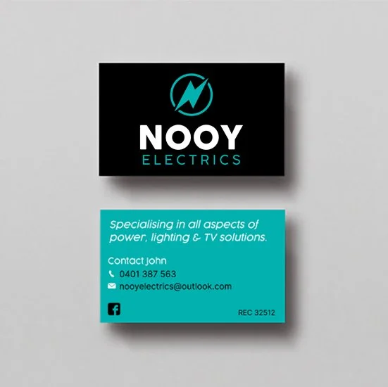 Business card for NOOY Electrics with logo, phone number, email, and Facebook icon