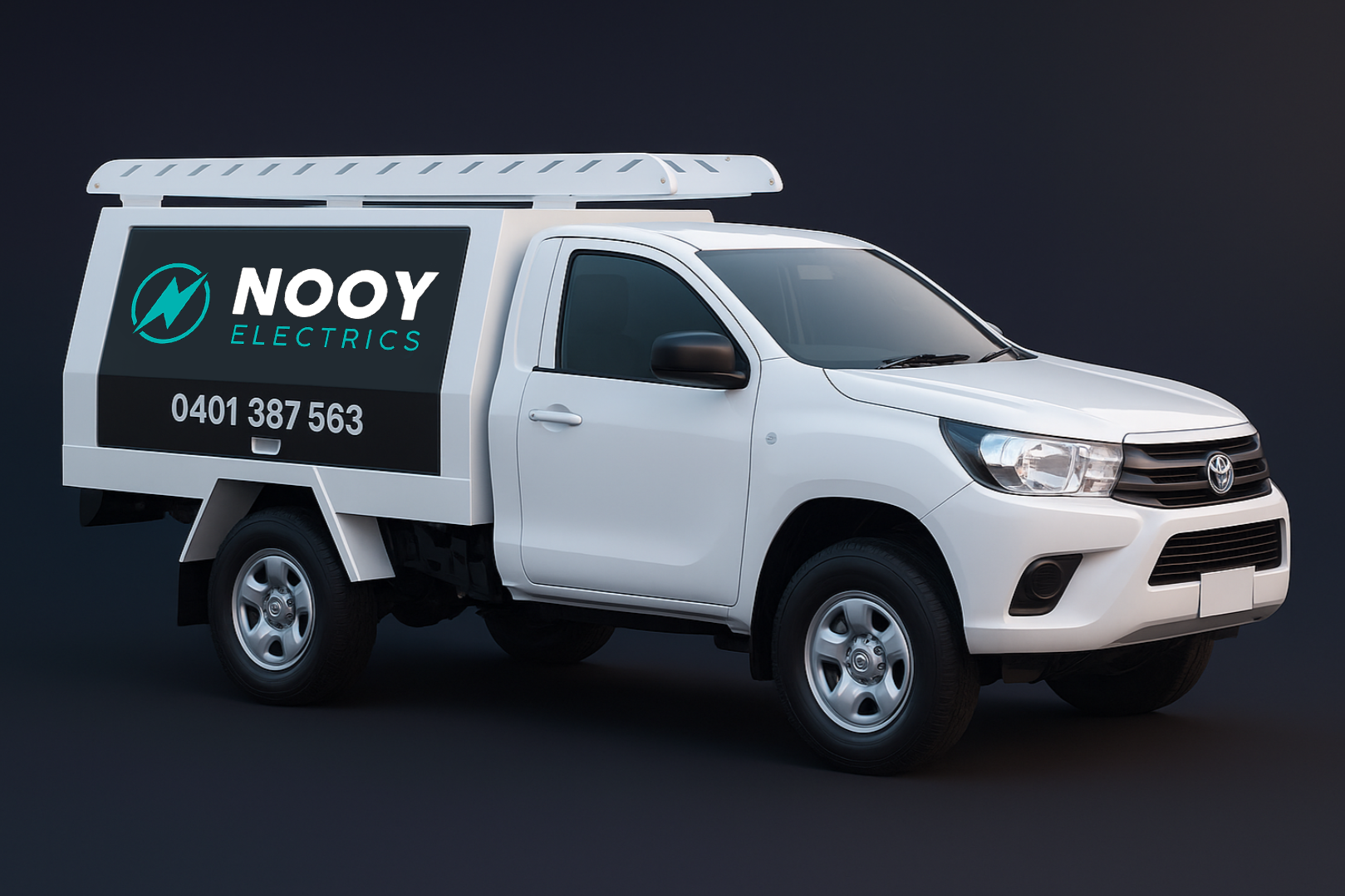 White Toyota pickup truck with a sign on the side that reads 'NOOY ELECTRICS', a lightning bolt symbol, and a phone number. The truck has a roof rack, black side mirrors, and black tires.