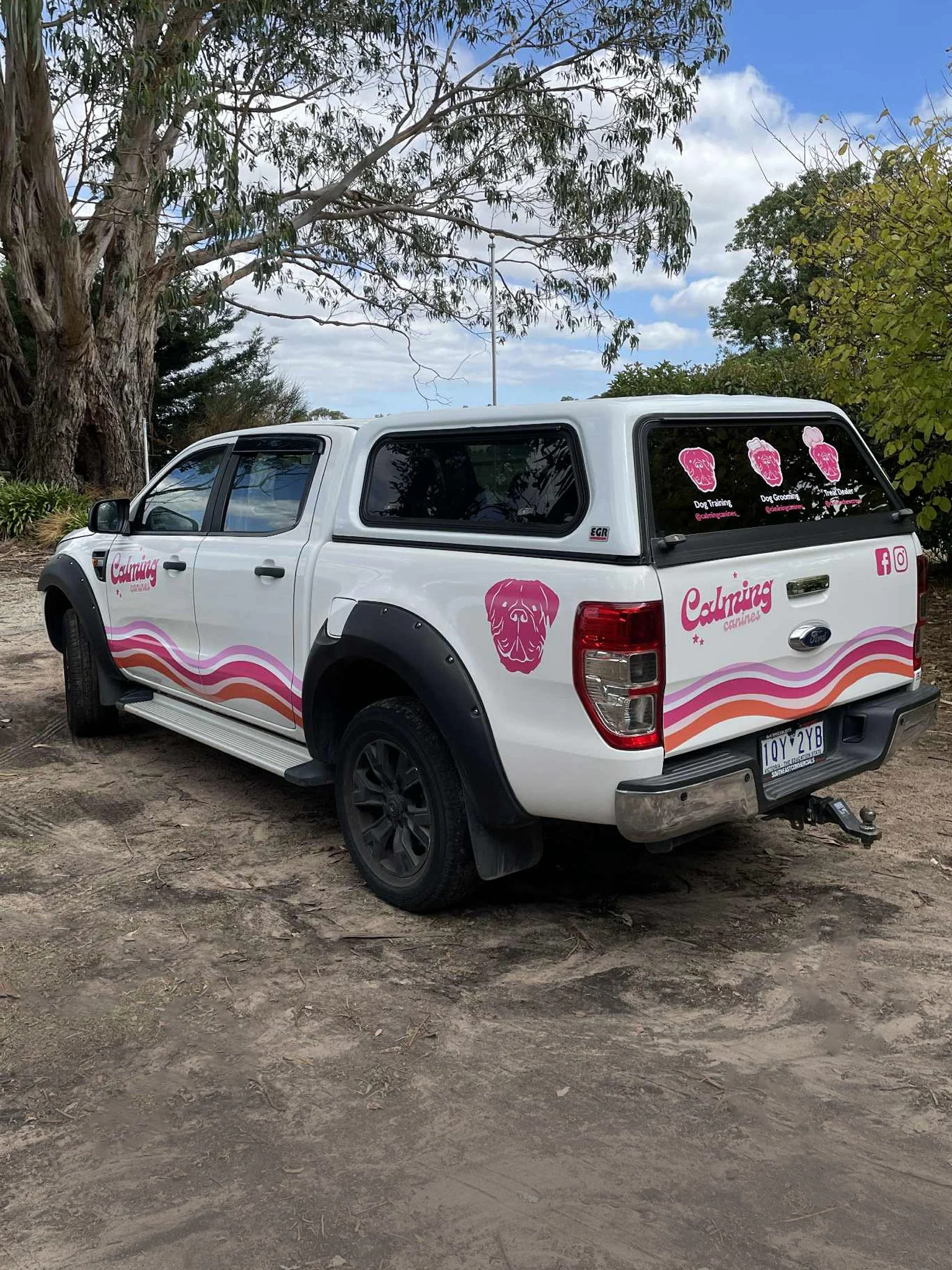 A white pickup truck with pink graphics and decals, parked on a dirt area beneath a tree with leaves and branches. The truck has branding for a dog grooming business called 'Calming Canines' and features a pink dog face logo, wavy pink and purple str