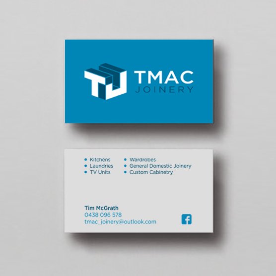 Business card for TMAC Joinery featuring a logo and contact information.