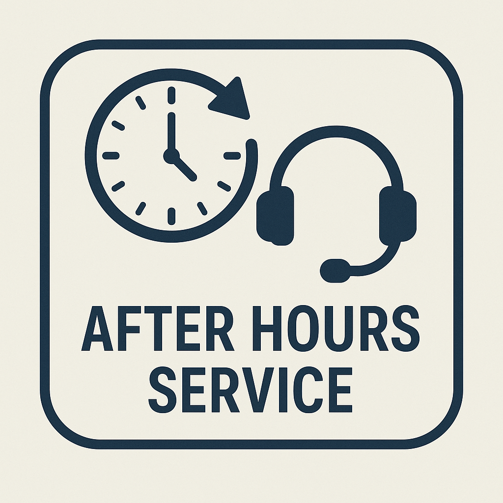 Sign indicating after hours service, with a clock showing 9:00 and a headset icon.