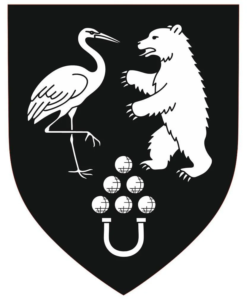 Blason noir et blanc avec un héron et un ours se faisant face, des sphères avec des lignes croisées en dessous, et un athénée.