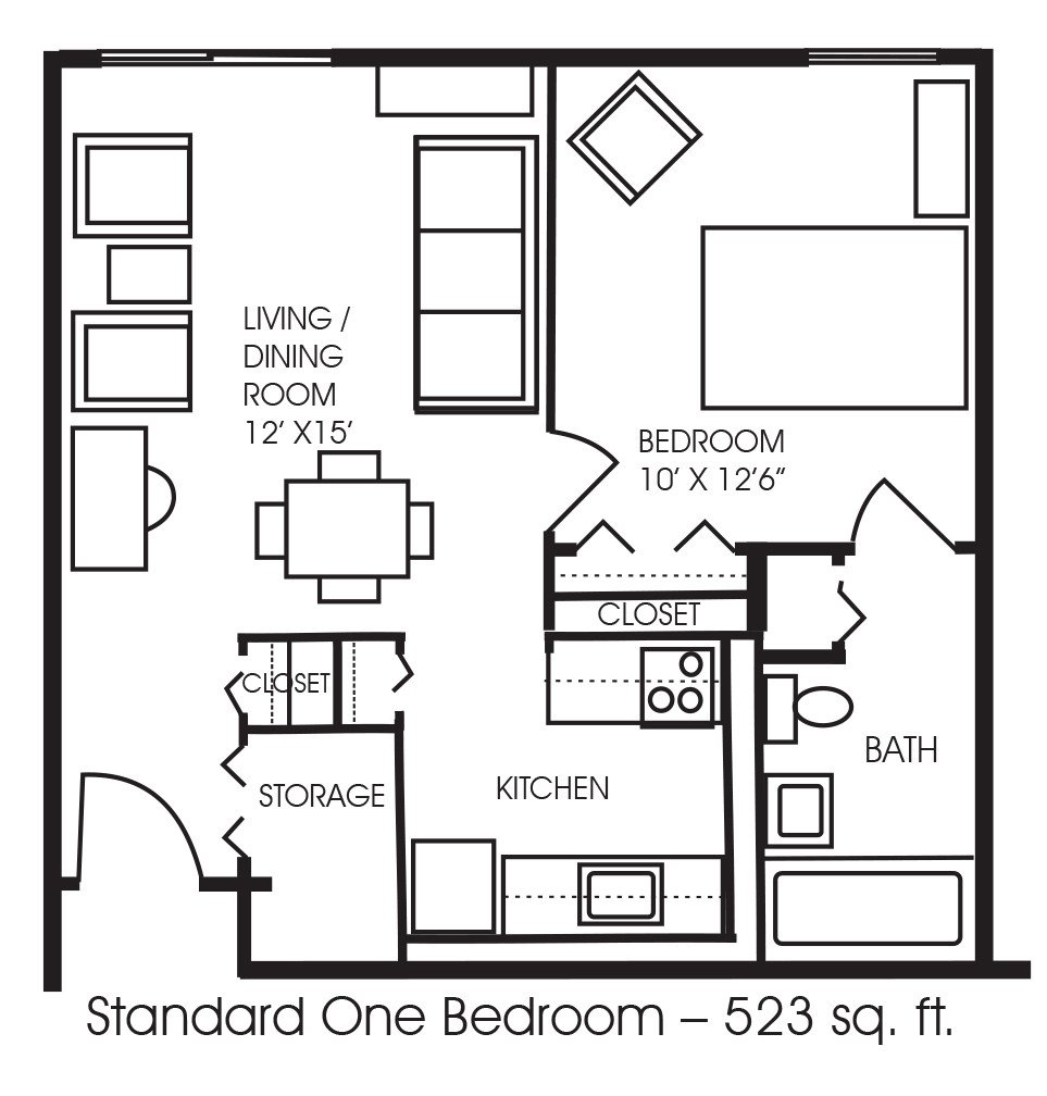 Floor plan of a one-bedroom apartment with a living/dining room, kitchen, bedroom, bathroom, closet, and storage area, totaling 523 square feet.