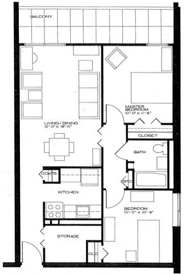 Floor plan of an apartment with a balcony, living/dining area, kitchen, storage, bedroom, bathroom, and closets.