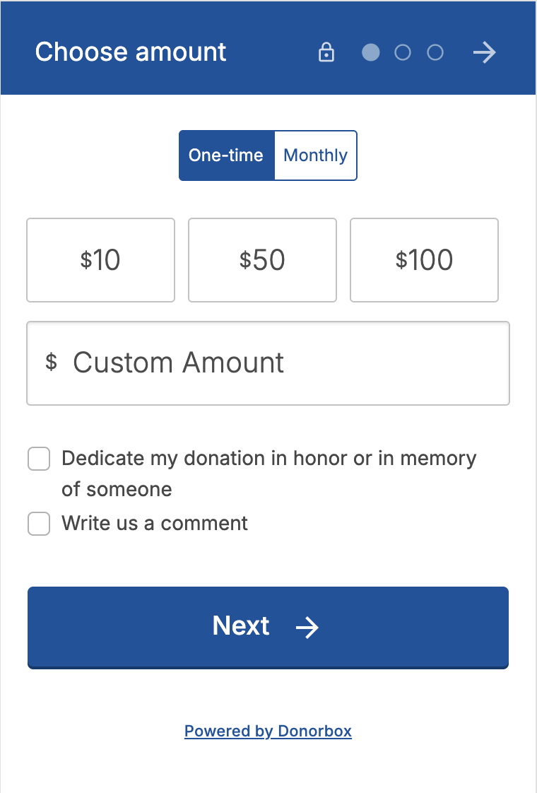 Donation website form titled 'Choose amount' with options for one-time or monthly donation, preset amounts of $10, $50, and $100, a custom amount field, checkboxes for honoring someone or writing a comment, and a blue 'Next' button, powered by Donorbox.