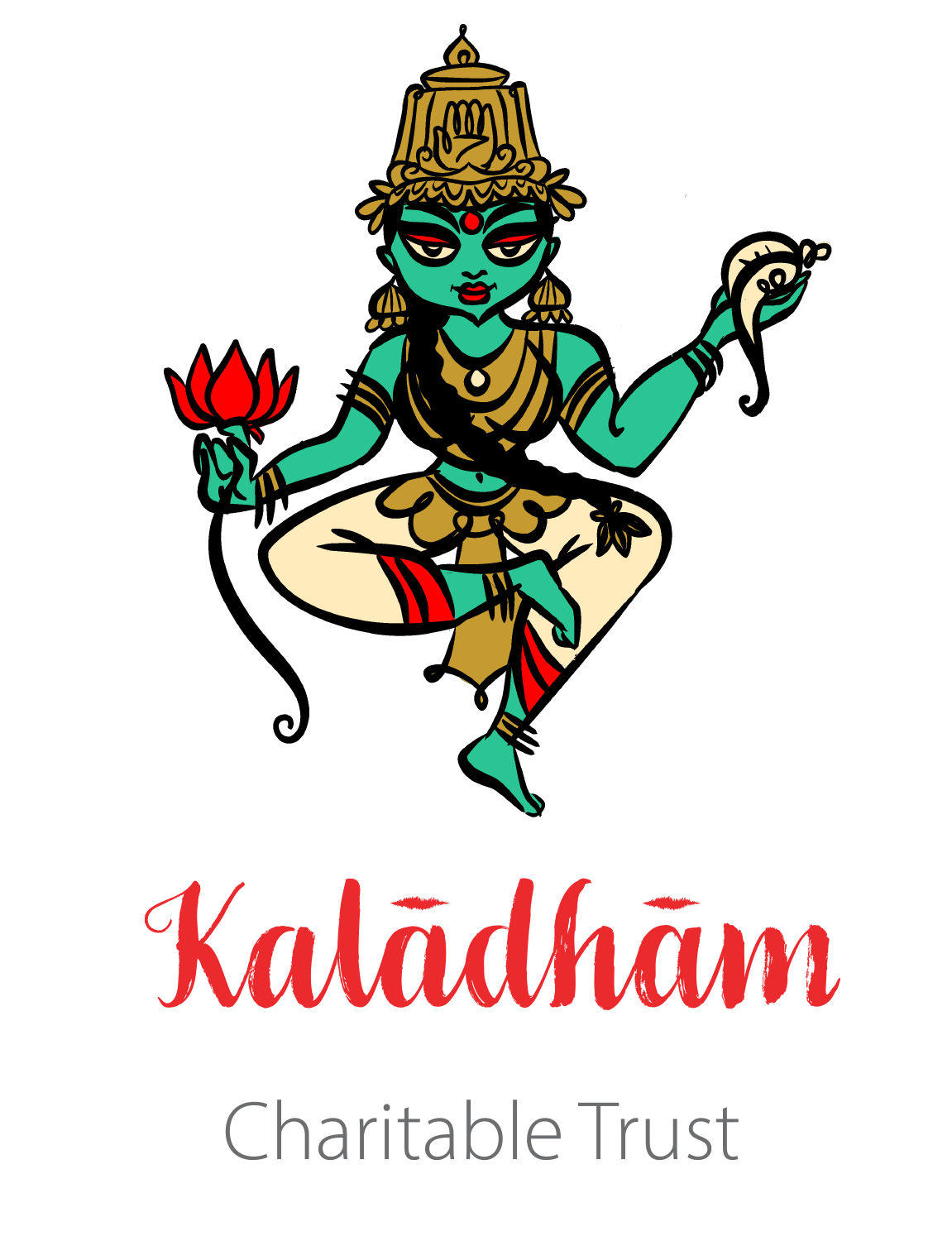 Illustration of a tanjore-style Hindu goddess holding a red lotus flower in one hand and a conch shell in the other, with the words 'Kaladham Charitable Trust' below.