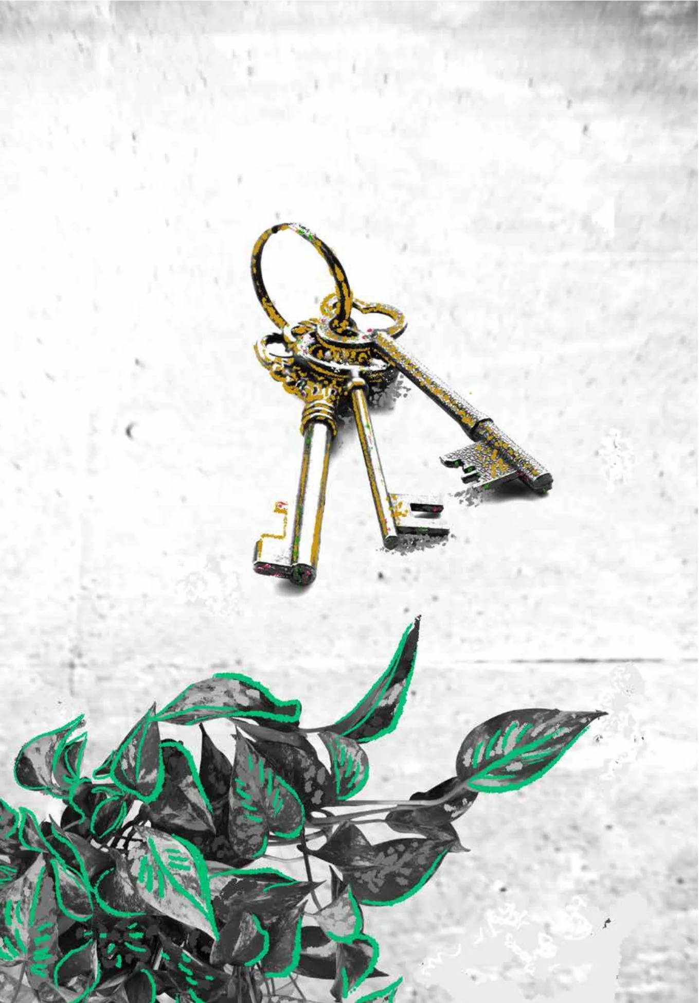 A pair of vintage brass keys hangs above a leafy green plant on a plain textured wall.