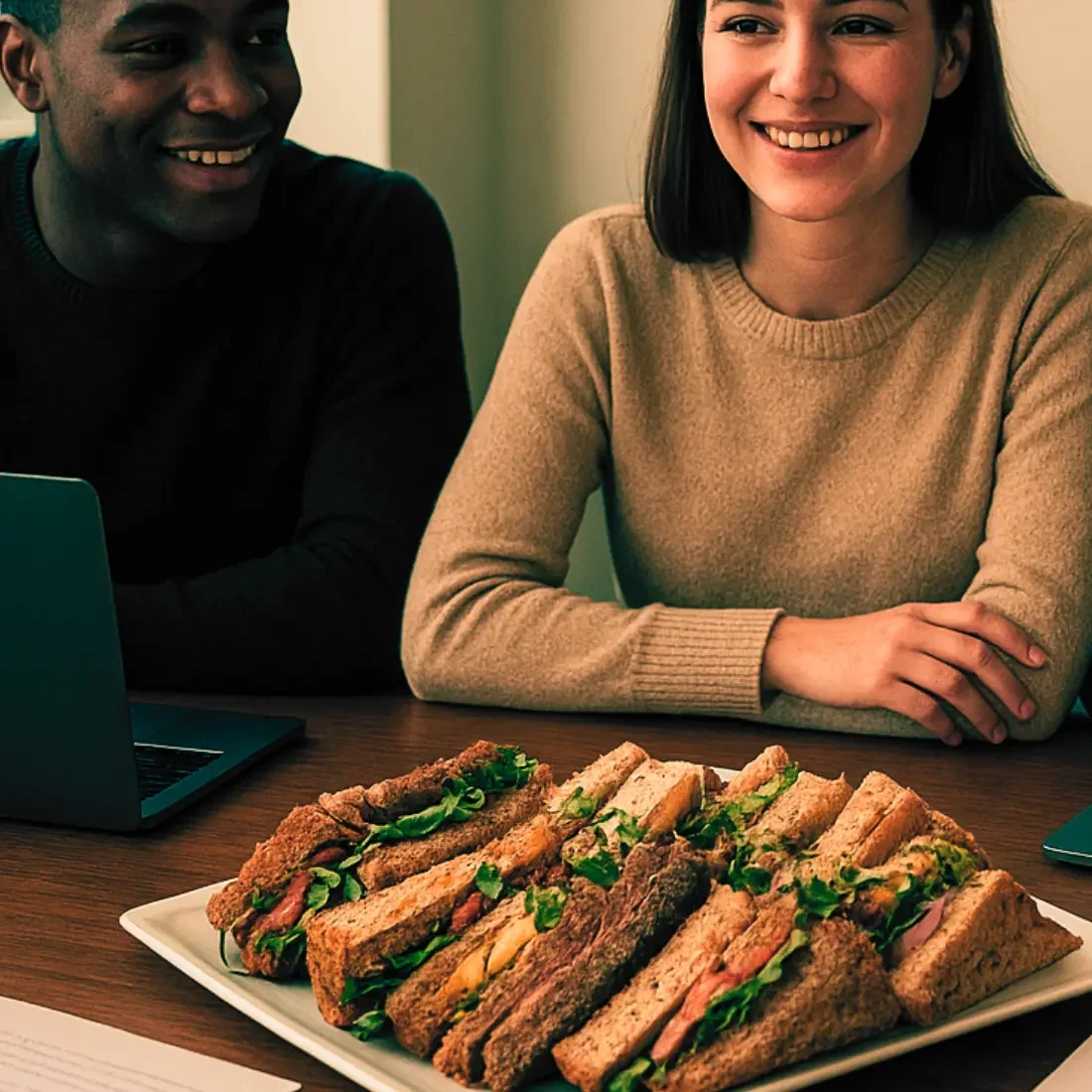 Two people smiling and sitting at an office table with a large platter of sandwiches.