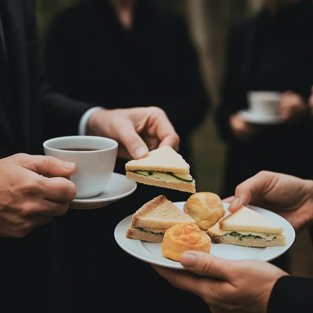 Close-up of people in dark attire holding plates of finger food & tea cups.