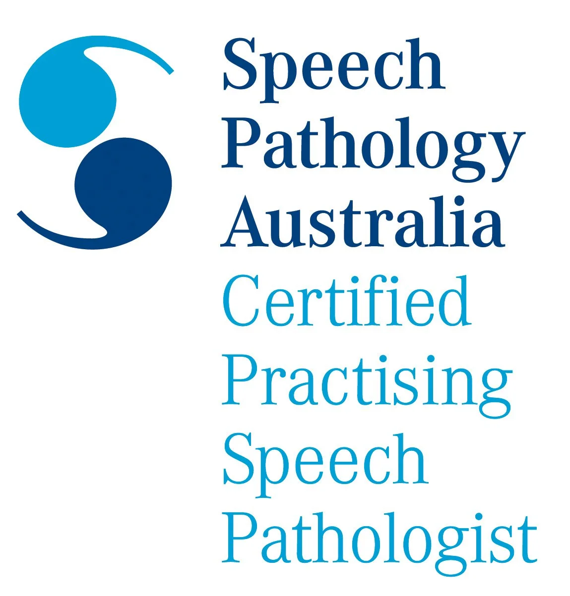 Speech Pathology Australia logo with text indicating certification as practicing speech pathologists in Australia.