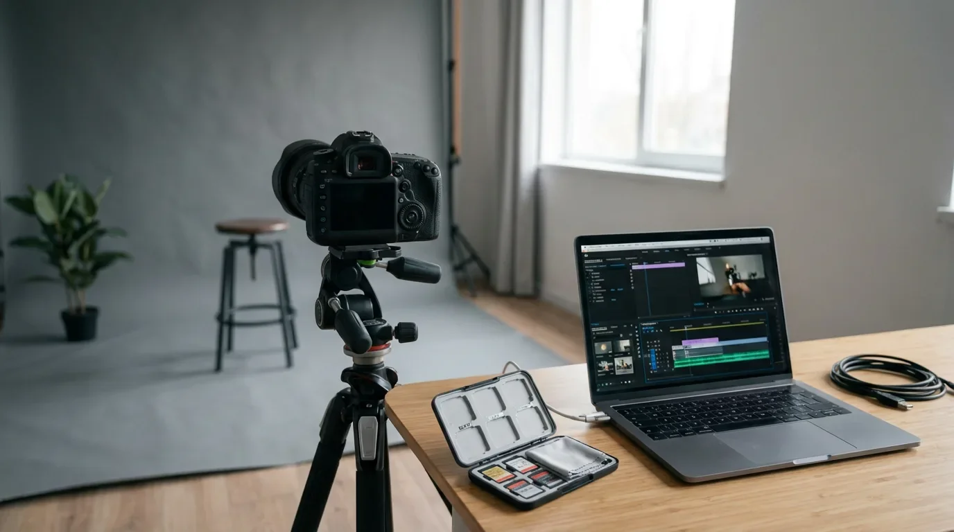 interview shot with digital camera and laptop open with Adobe Premiere Pro