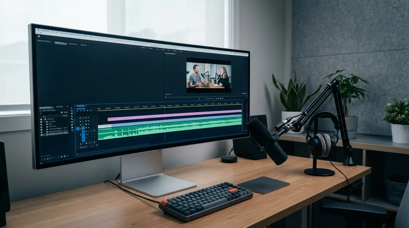 big computer screen with a video editing software open to the video editing of a podcast