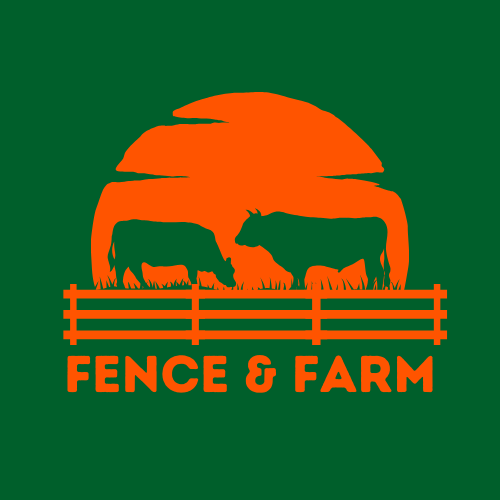 Silhouettes of two cows in front of a fence with an orange sunset in the background, and text reading "FENCE & FARM" below.