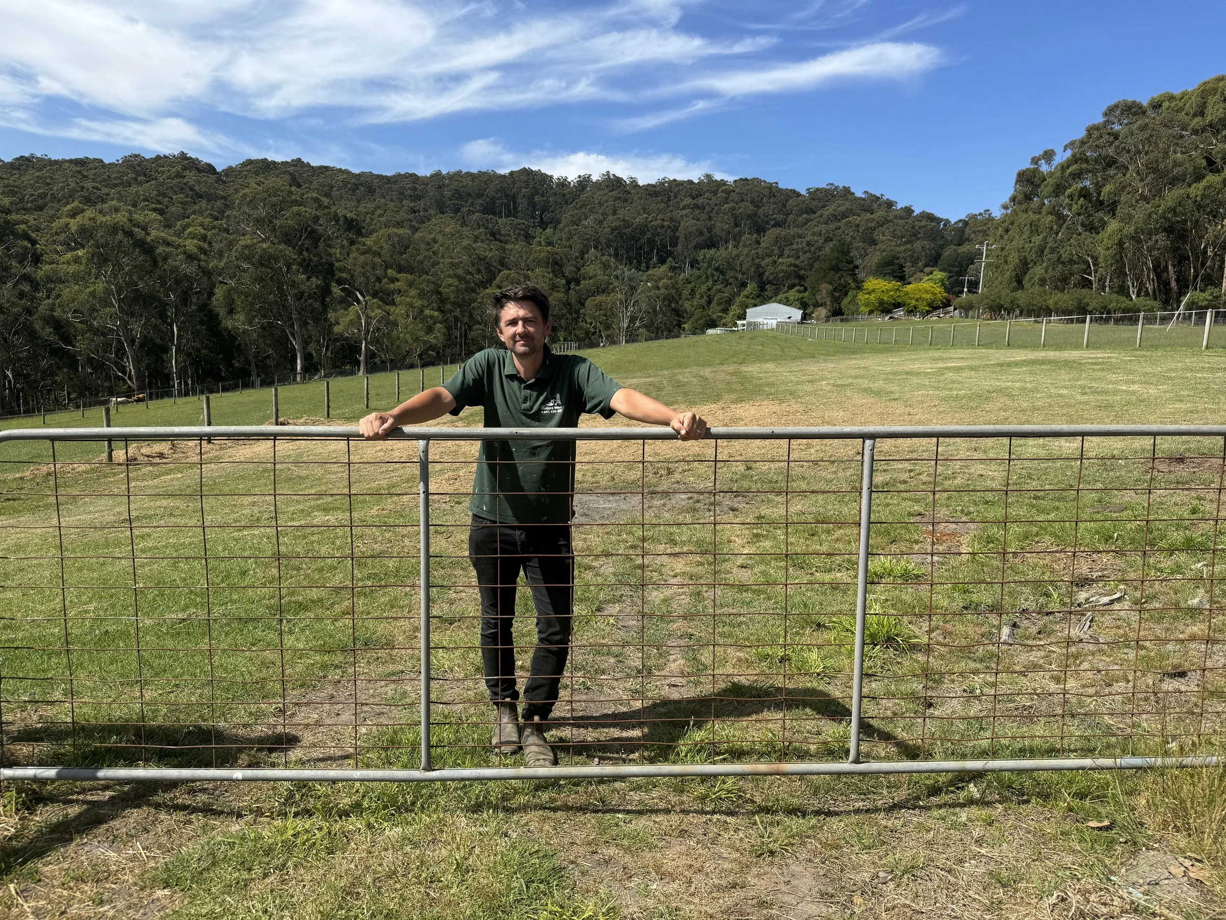 A man stands behind a metal gate in an open grassy field with trees and hills in the background, under a partly cloudy sky.