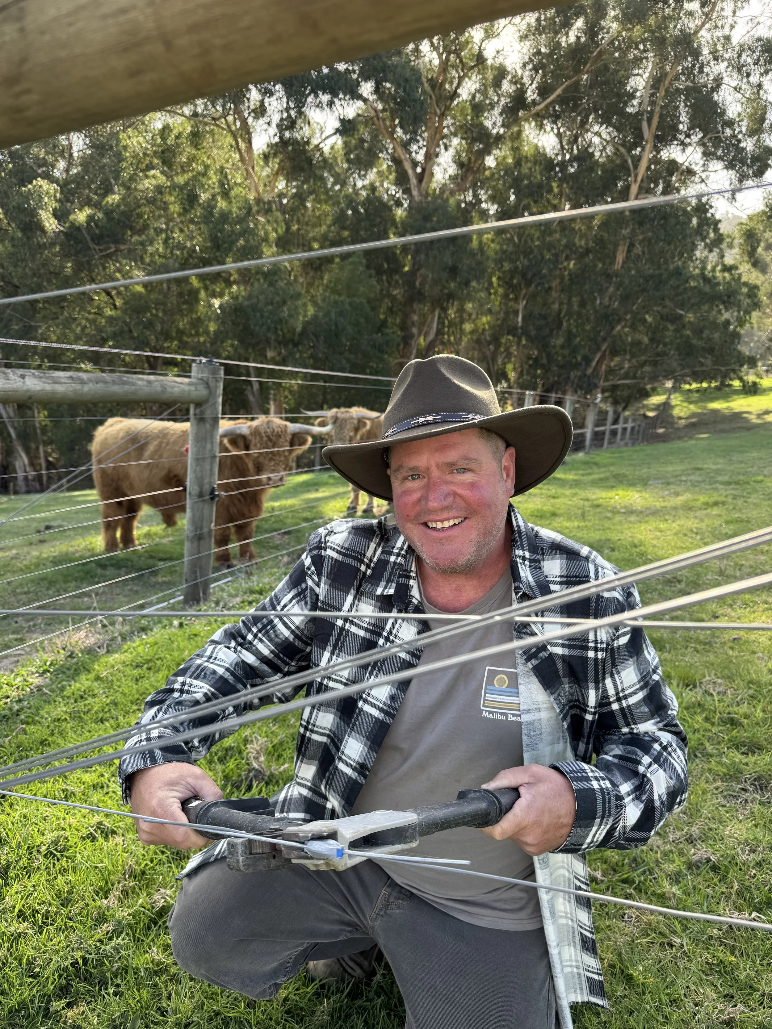 A man in a plaid shirt and cowboy hat smiling while working with fencing on a farm, with two Highland cattle in the background.