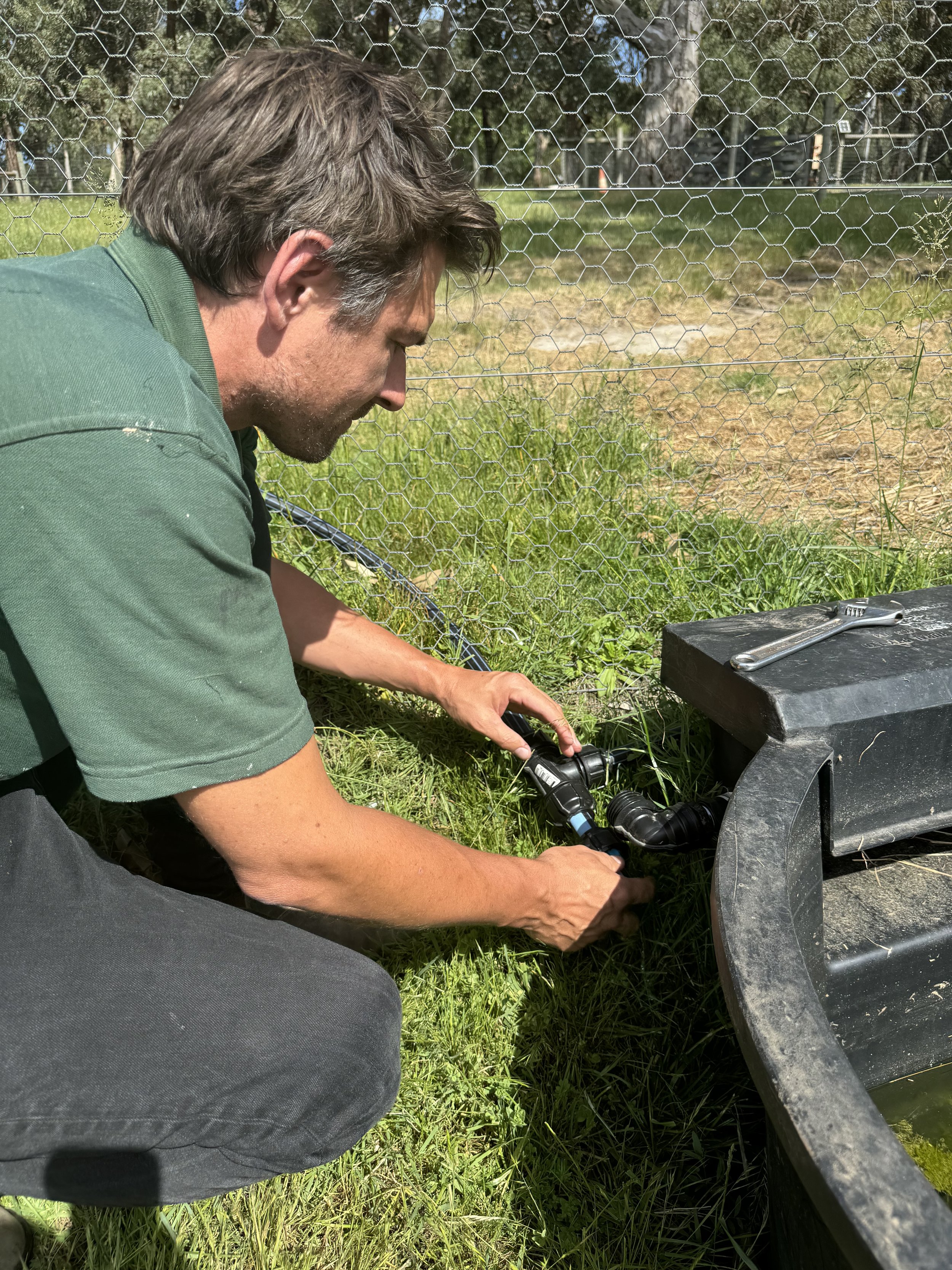 Man crouching on grass outdoors, connecting a hose to a water source near a black plastic container, with a wire fence and trees in the background.