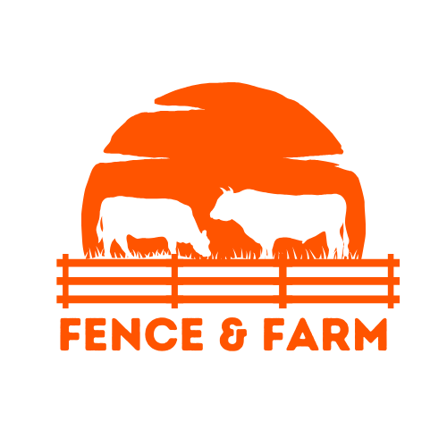 A logo with a large orange sun in the background, black silhouettes of a cow and a bull facing each other, set behind an orange fence. Below, it reads 'FENCE & FARM' in bold orange letters.