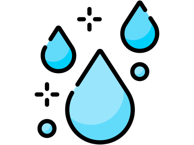 Illustration of water droplets with black outlines and blue fill, with small decorative sparkles.