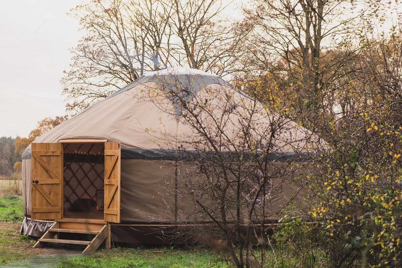 A yurt with open wooden door on grassy land surrounded by leafless trees during fall.