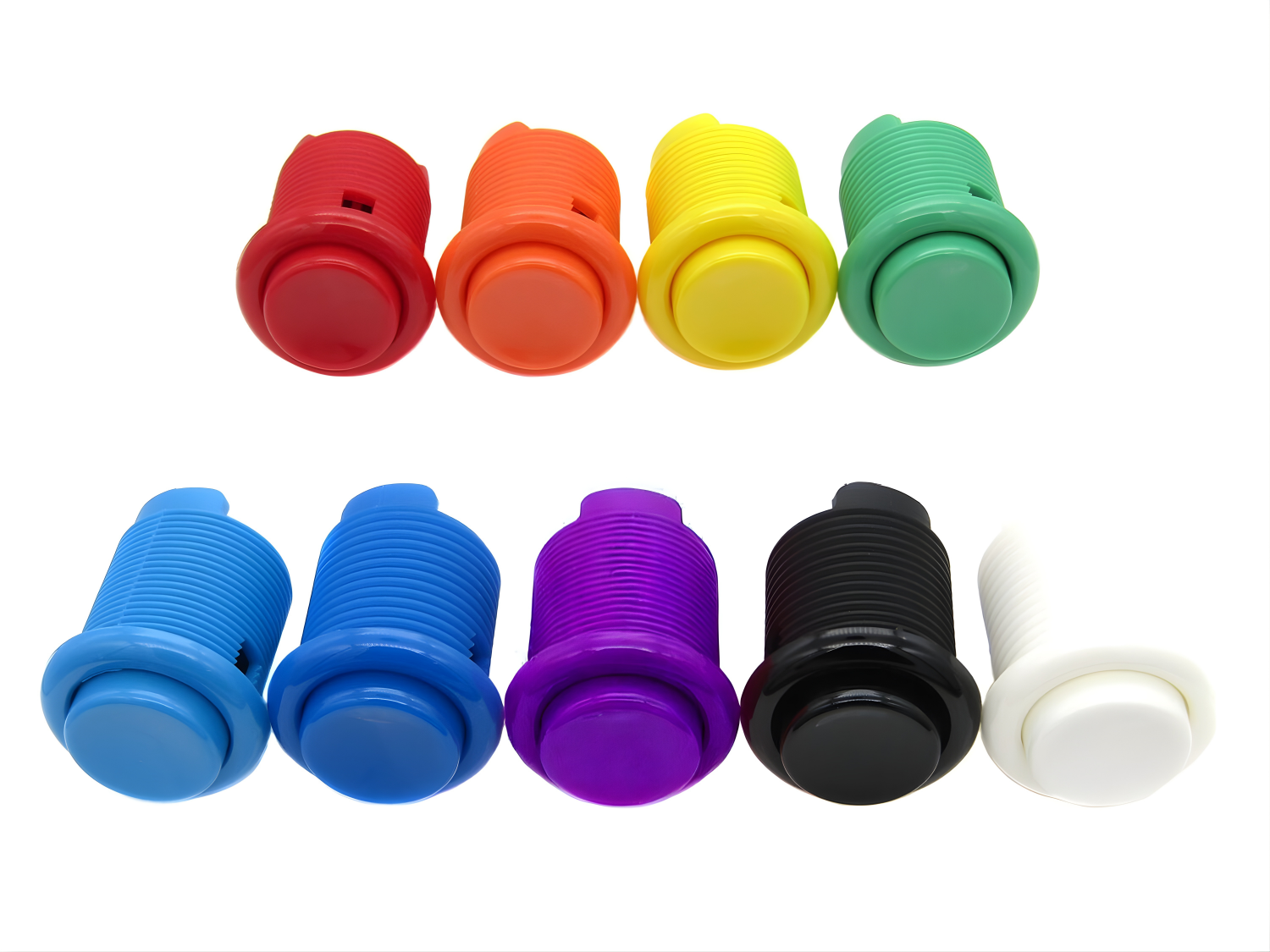 Colorful plastic caps arranged in two rows, with the top row containing red, orange, yellow, and green caps, and the bottom row containing blue, purple, black, and white caps.