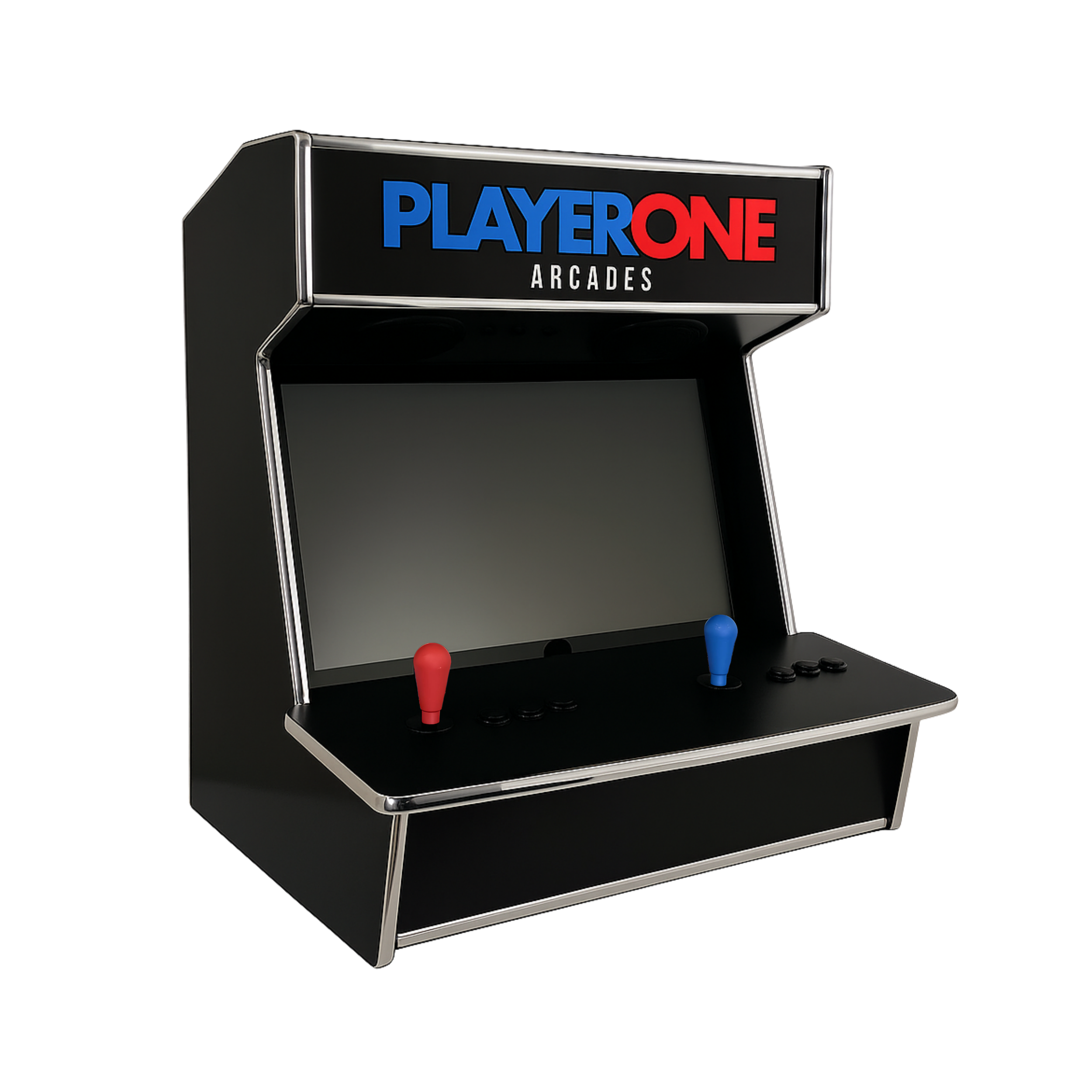 Bartop arcade game machine with a black body, red and blue controls, and a large screen, labeled 'Player One ARCADES' on top.