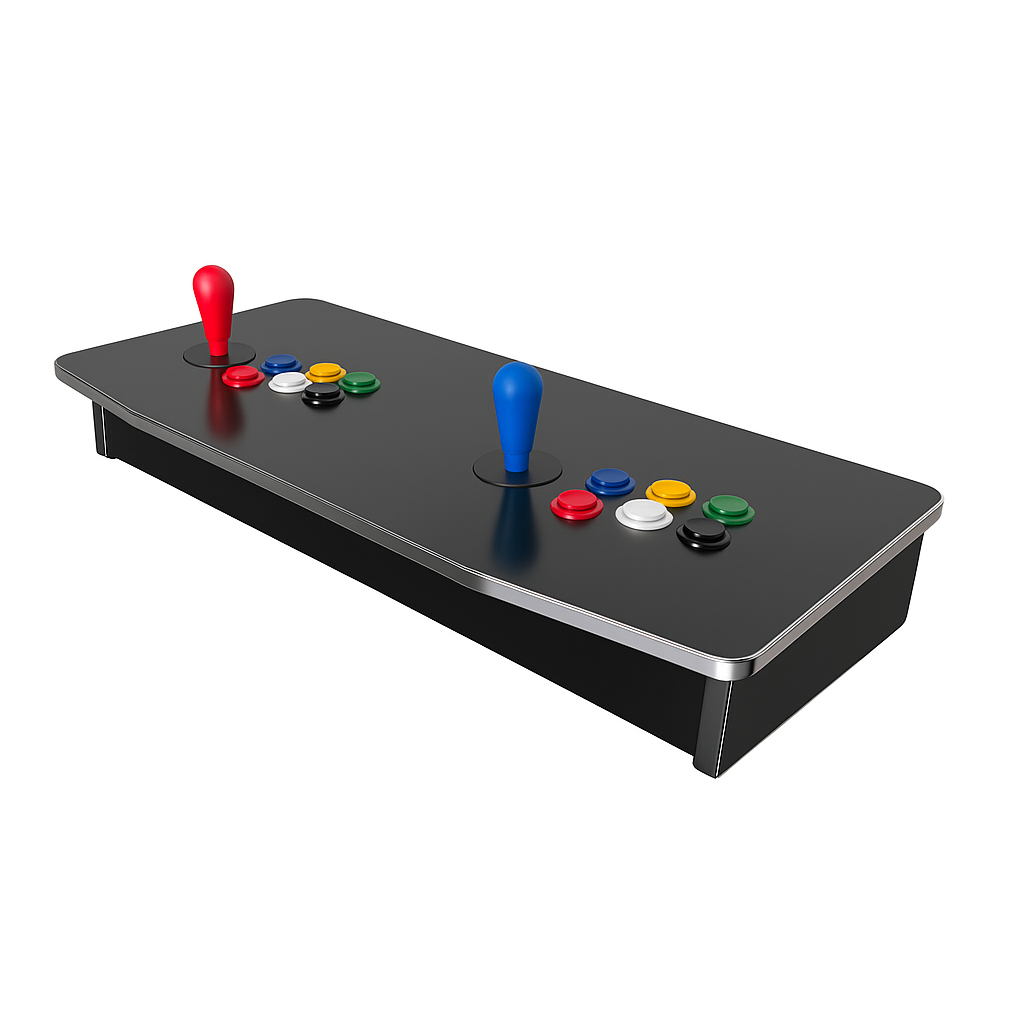 A black arcade fight stick with two colorful joysticks, one red and one blue, and multiple colored buttons including red, white, yellow, green, blue, and black.