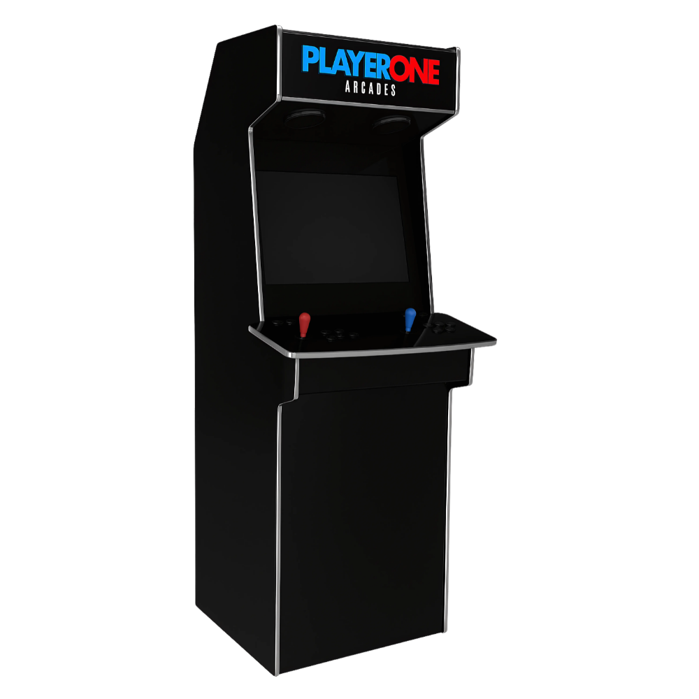 Upright arcade cabinet with a marquee reading 'Player One Arcades' in blue and red text, featuring a screen, red and blue joystick controls, and buttons.