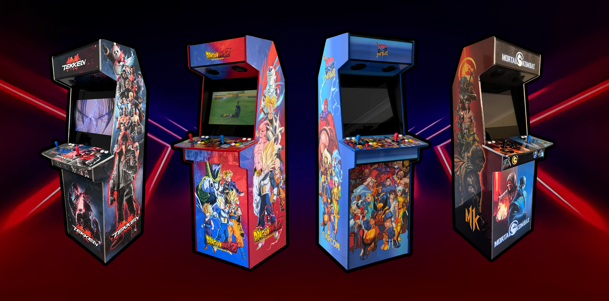Four vintage arcade game machines with colorful video game artwork, set against a dark background with red and purple light streaks.