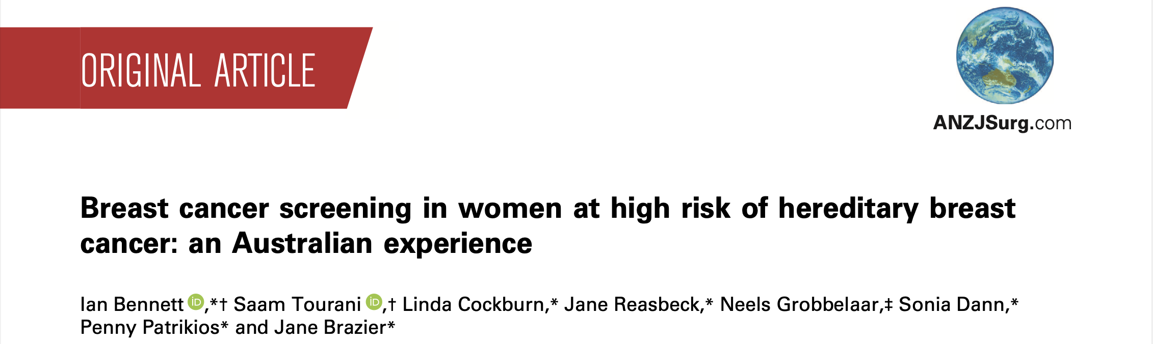 Screenshot of a paper published in ANZ journal of Surgery featuring Dr Saam Tourani as the second author. Paper titled Breast Cancer Screening in Women at high risk of hereditary breast cancer: An Australian Experience.