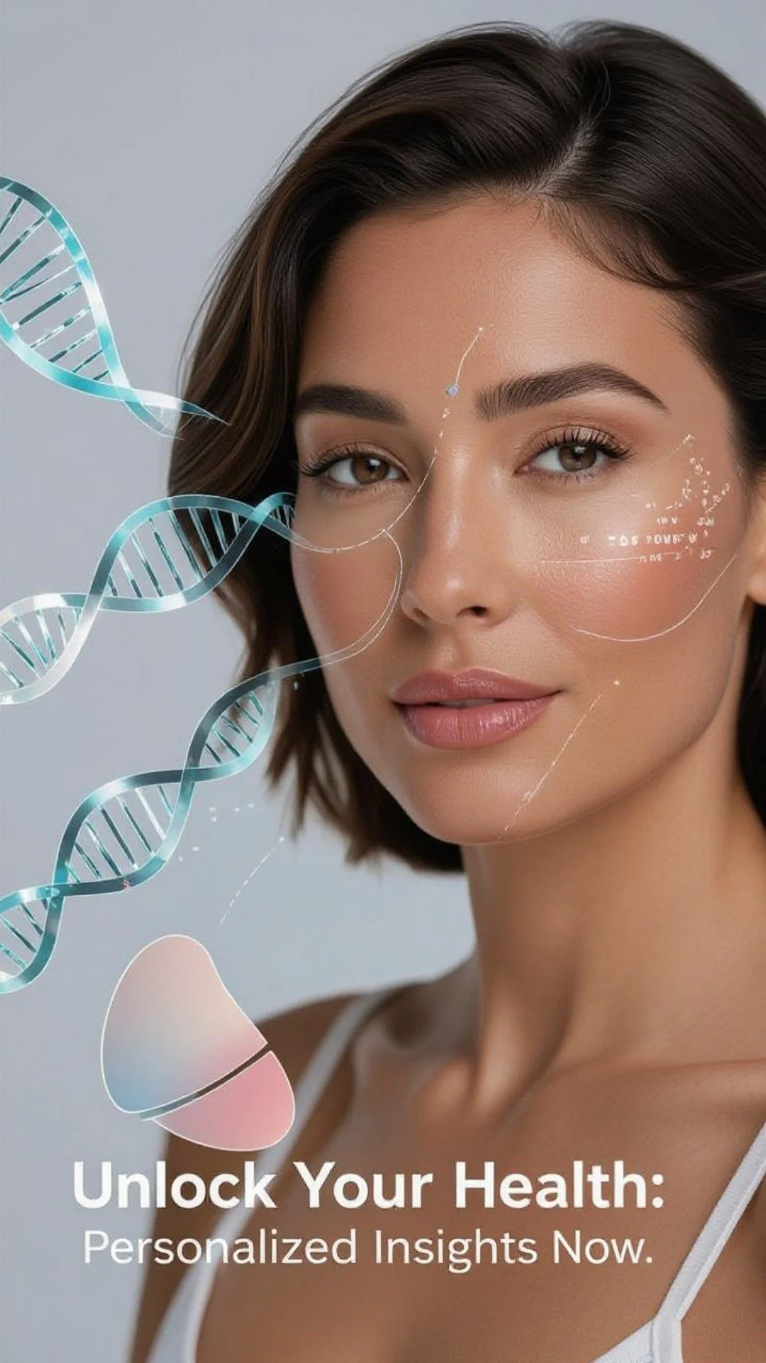 A woman with brown hair smiling slightly, with futuristic digital graphics including DNA strands and a pill-shaped icon overlaying the image. Text at the bottom reads, "Unlock Your Health: Personalized Insights Now.” Personalised Breast Screening!