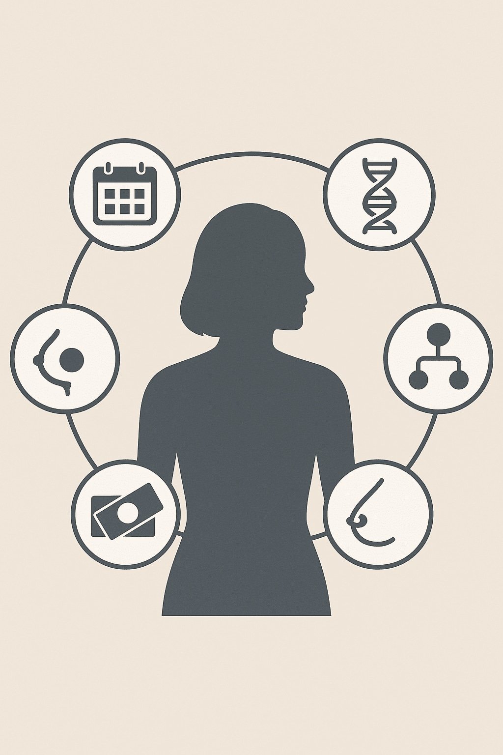 Silhouette of a woman with six icons around her representing a calendar, DNA, flowchart, gauge, money, and a phone headset. The first step in personalised breast screening is accurate risk assessment.