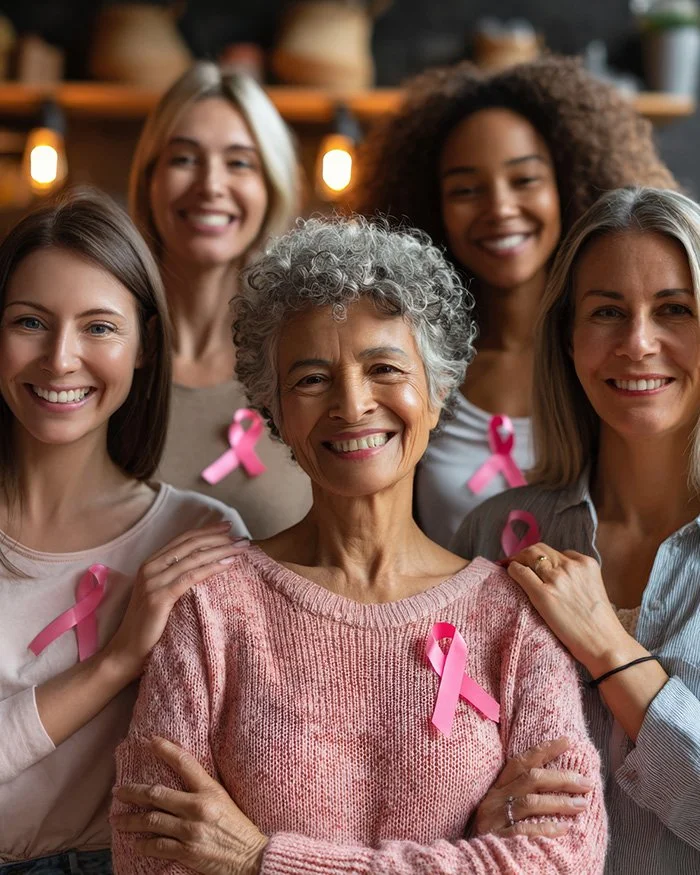 Group of five women smiling, wearing pink ribbons for breast cancer awareness, in a cozy indoor setting.