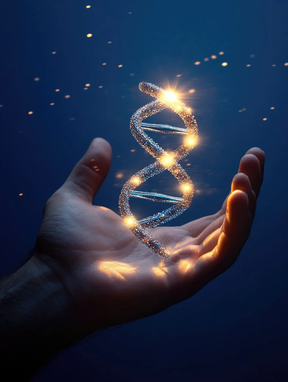 A hand holding a glowing, sparkling DNA double helix model against a dark background.