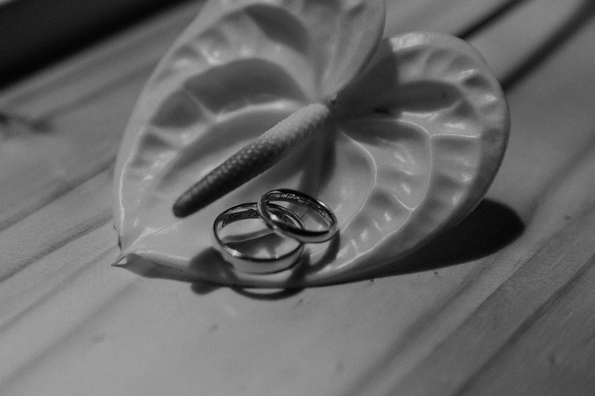 Zwei Eheringe auf einer großen weißen Blume, umgeben von einem weißen Blatt, auf einem Holztisch in Schwarz-Weiß fotografiert.