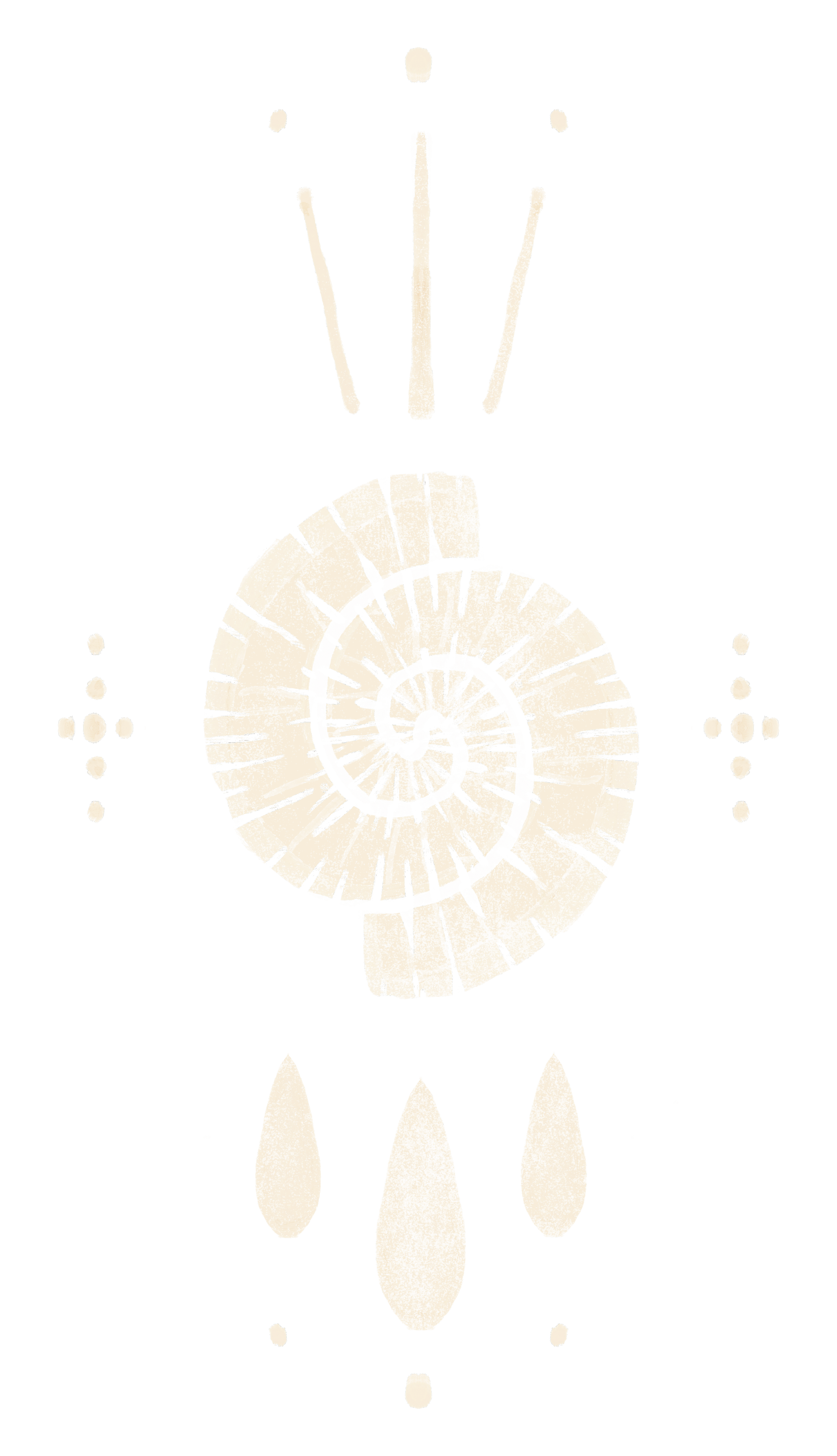 Symbole abstrait avec des lignes, des spirales, des gouttes et des points sur un fond noir.