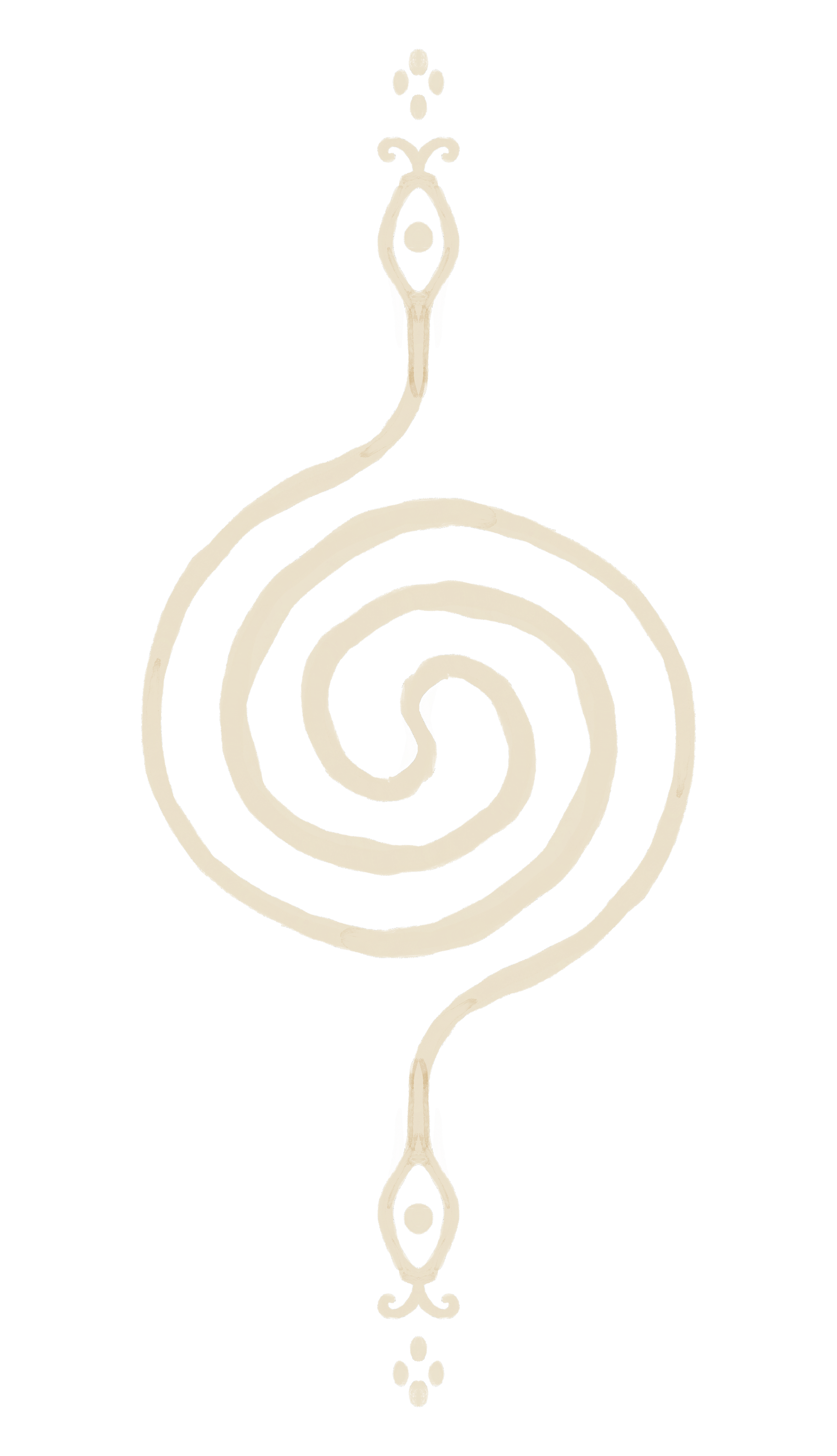 Un motif décoratif en forme de spirale avec des détails artistiques en haut et en bas, de couleur beige sur fond noir.
