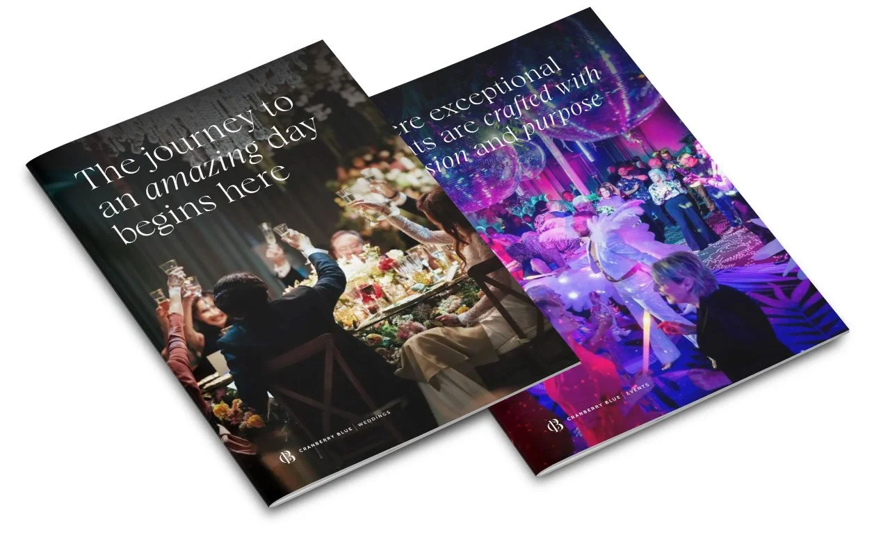 Two event brochures, one showing a formal dinner celebration with people raising glasses and the other showing a vibrant dance party with colorful lighting and dancers.