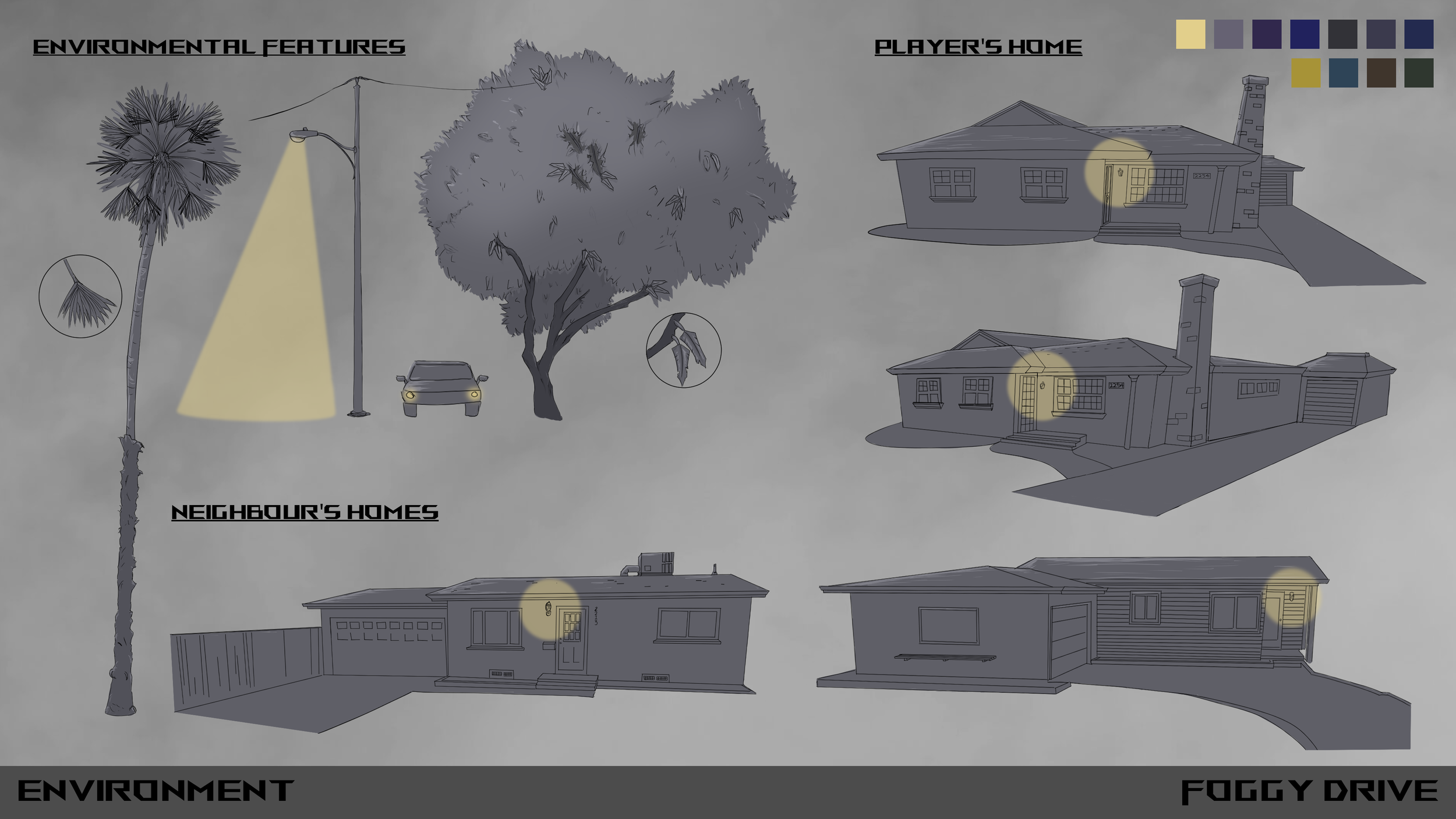 I enjoyed the shape of the bungalows on the real street location, so there's a lot of height variation with the plant life and lights - emphasising how small the player is. I used a lot of sharp edges and slightly warped perspective upwards so its no