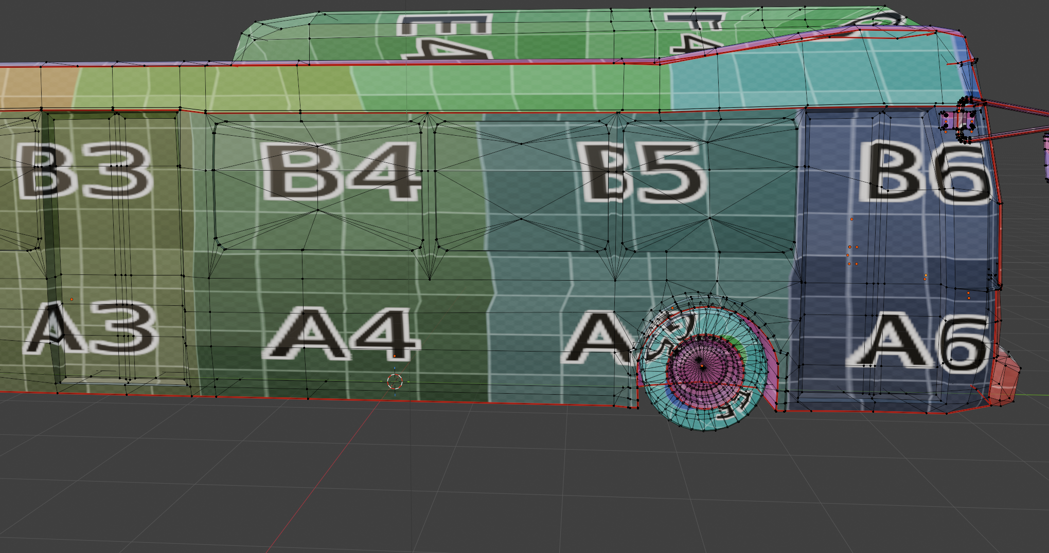 3D colour overlay to check textures are consistent in size based on the object size and visibility.