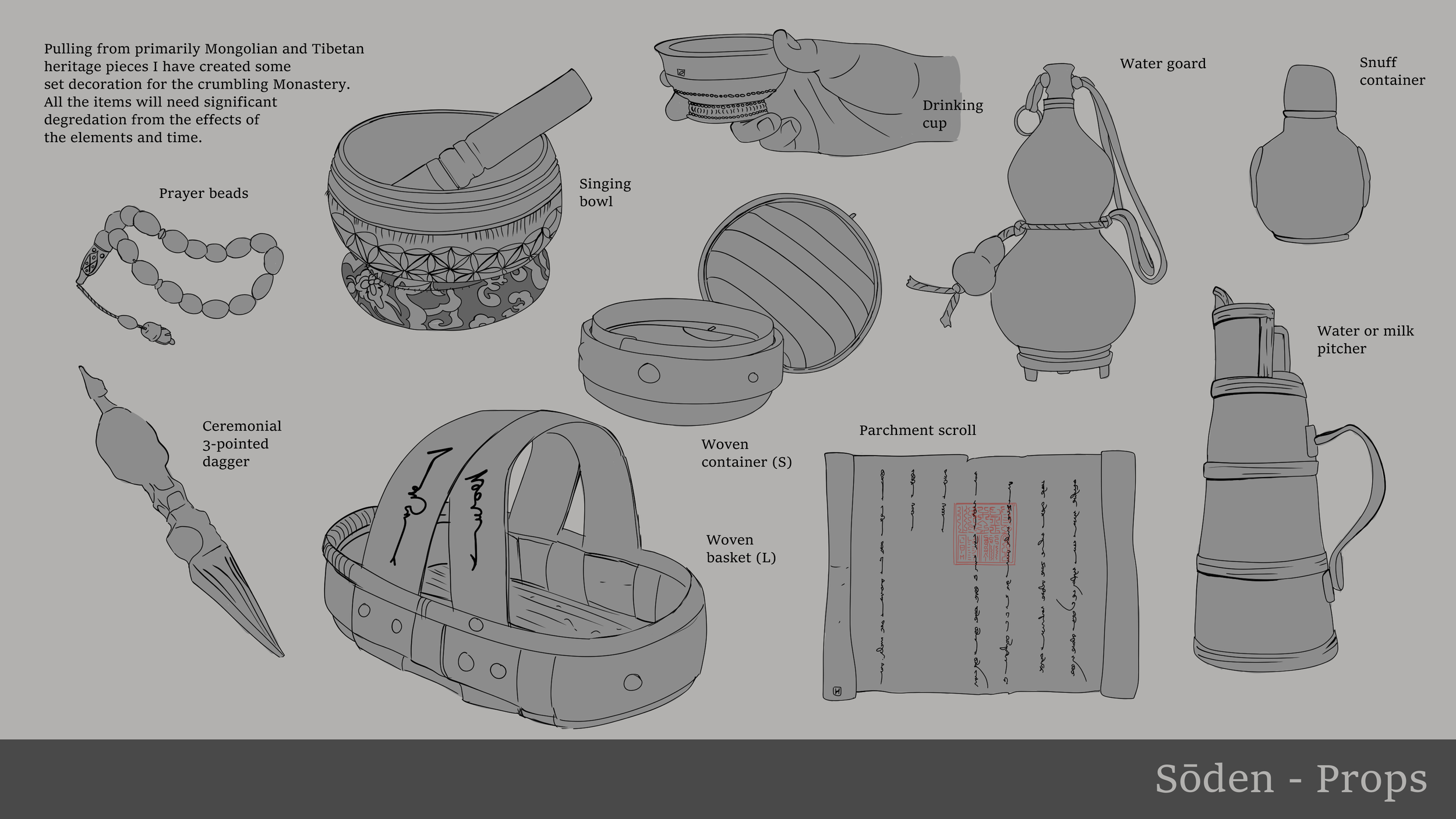 Early design explorations of Monk items.