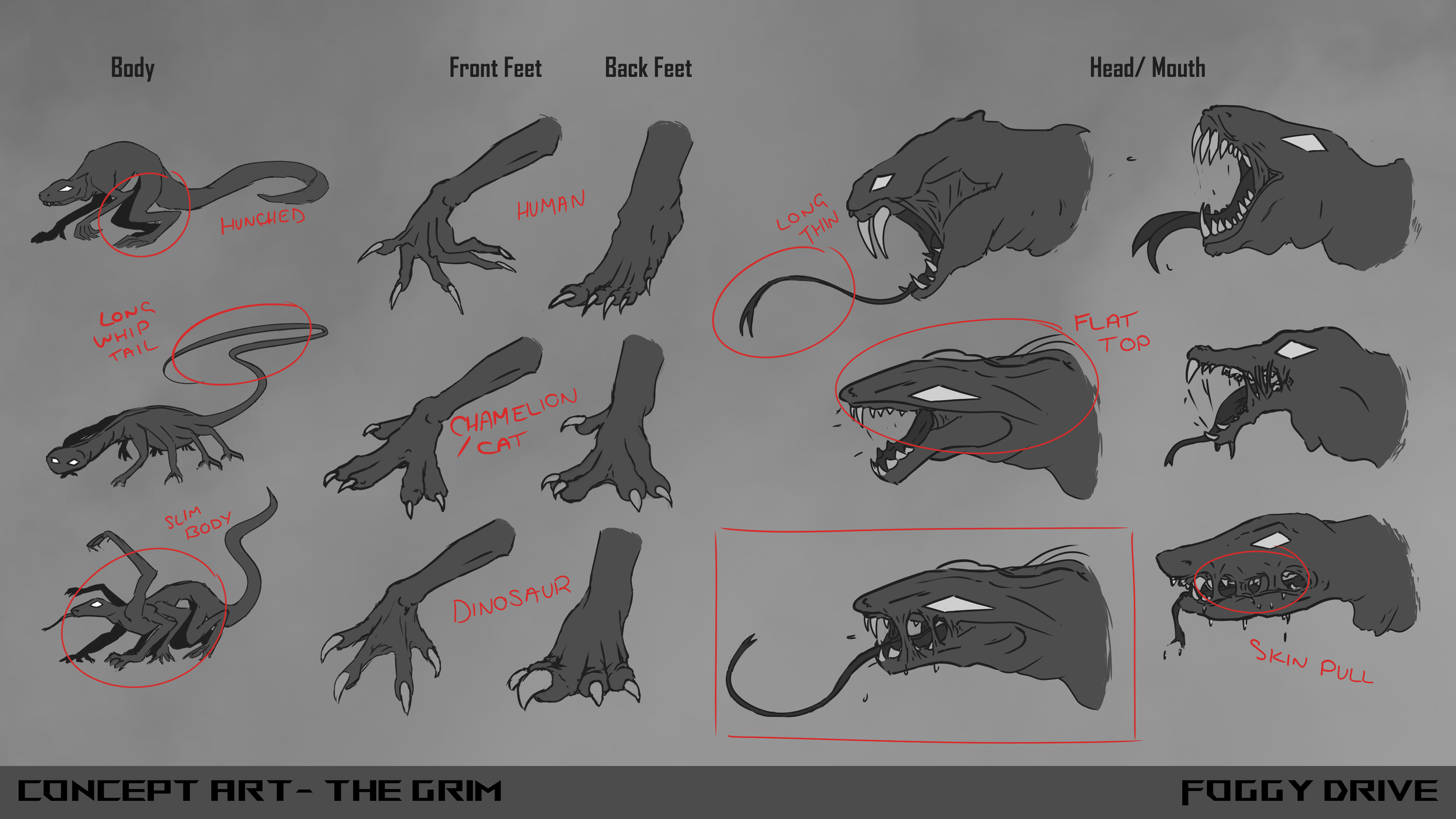 After understanding the body type, I moved to limbs and head to explore different options for a 'stalker' type beast who could also climb.