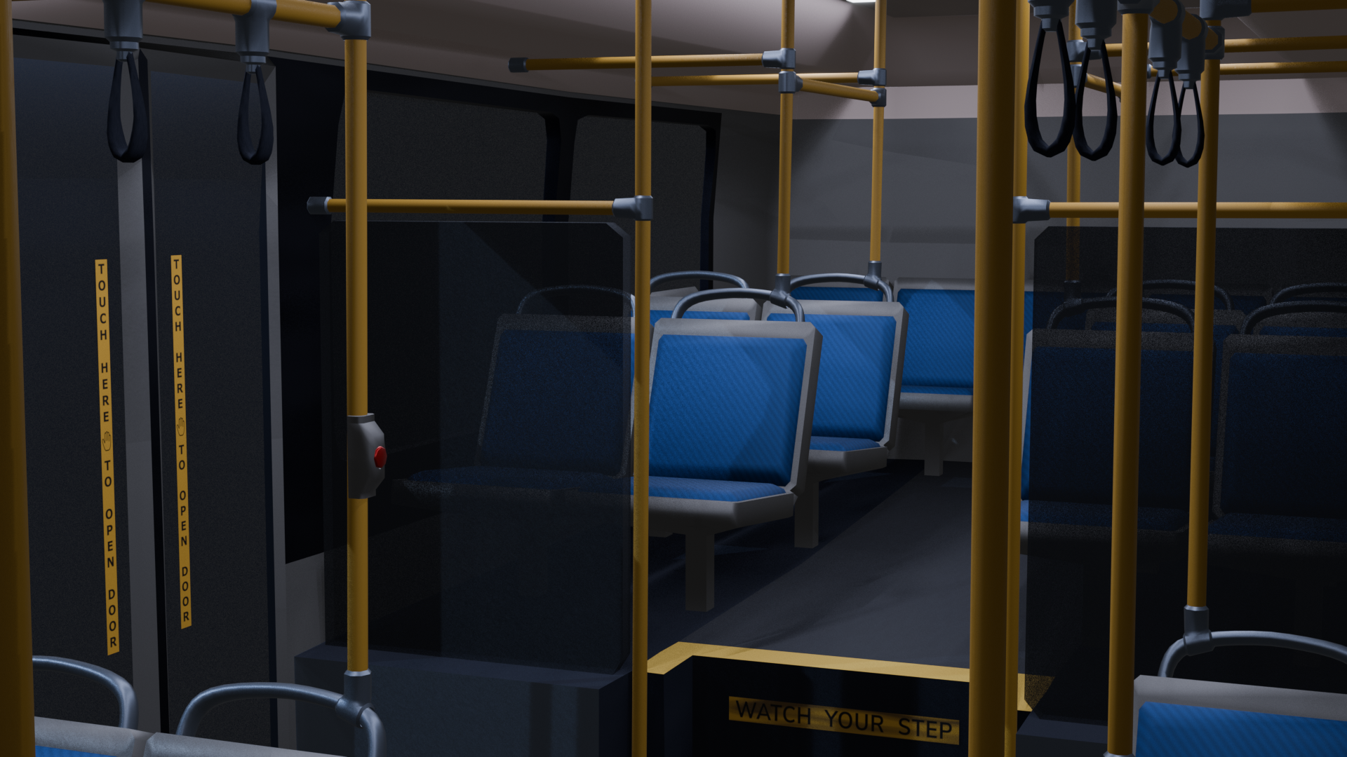 Internal stickers add some visual interest to the empty bus. The player will pass them on the way to hide in the back section from an enemy.