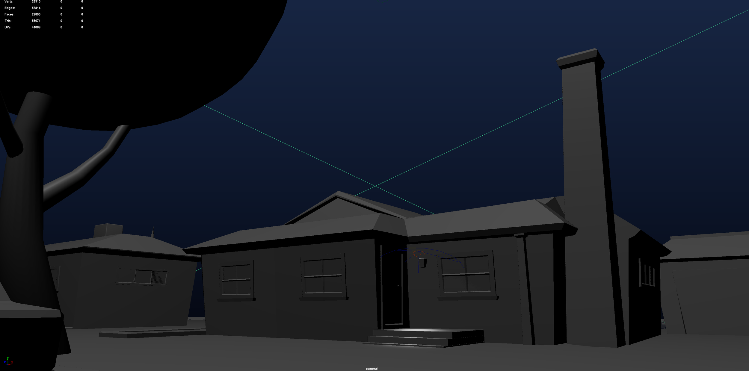Testing child-height perspectives - decided to make the houses 30% bigger for a more imposing feel.