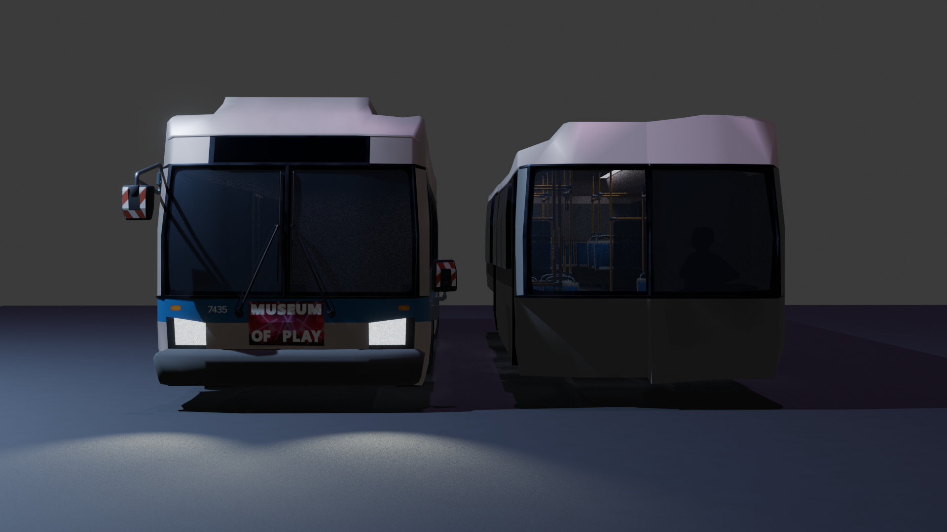 The Interior was designed separately to the exterior so the player space could be loaded effectively. The interior features a shadowed driver to give a sense of it being a functional bus, but also horror themed.