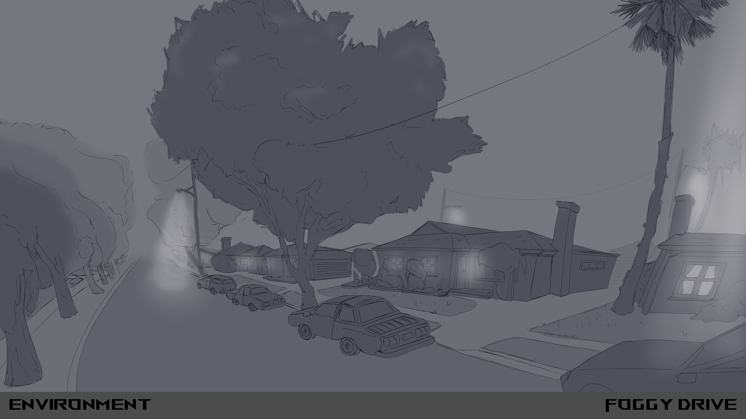 Exploring how the street might look - the lighting and the level of fish eye, warping and fog to enable the mood.